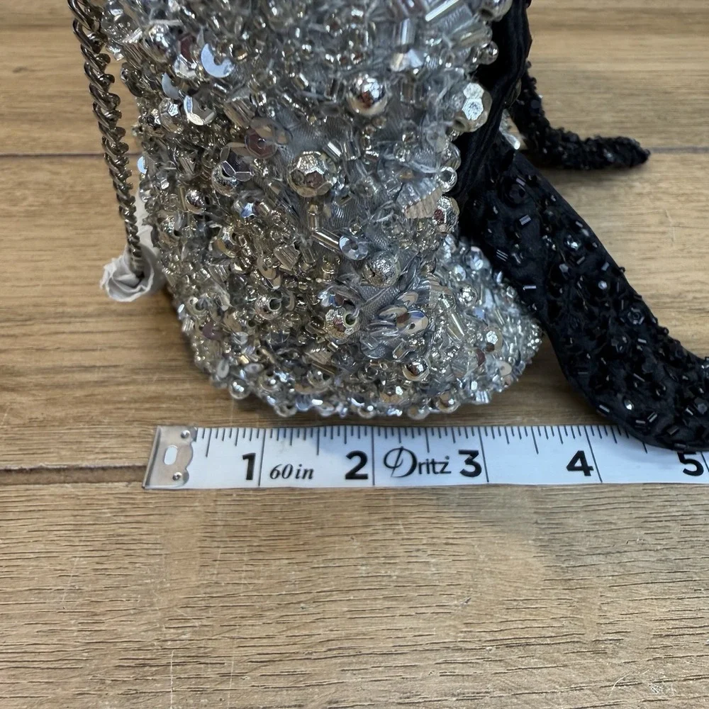 Silver Beaded Mini Bag Black Bow Crystal Sequin Sparkle Party Purse India